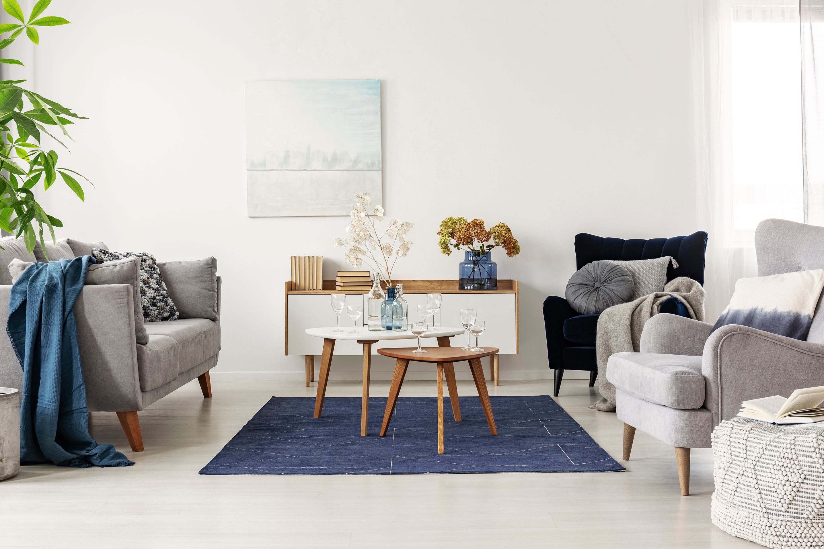 living room with blue accents